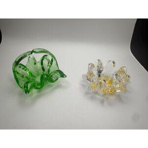 Pair of Vintage Chalet Art Glass Whimsies – Miniature Green & Amber Freeform